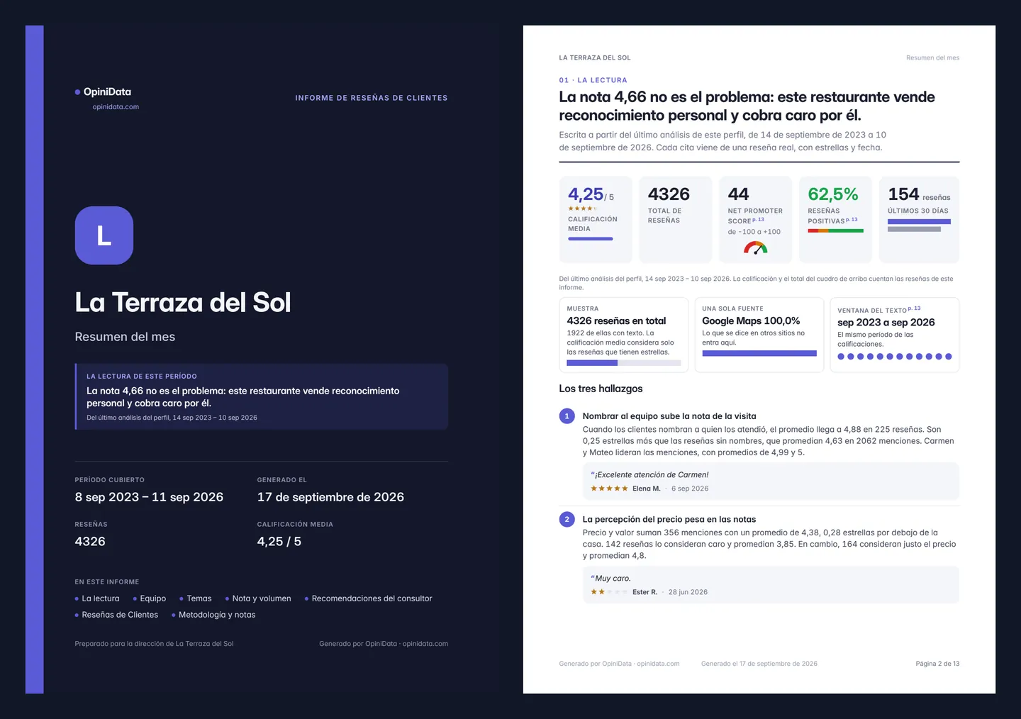 Dos páginas de un informe PDF de OpiniData, la portada y la lectura del período, con datos de ejemplo